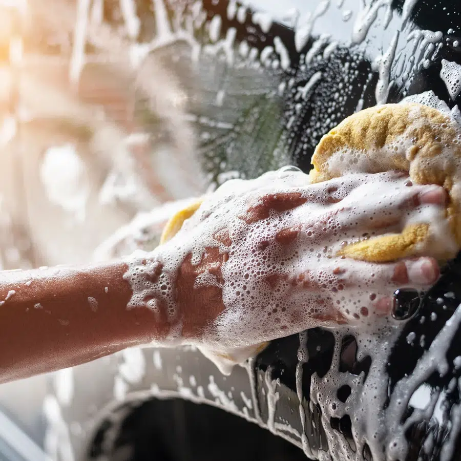 Nettoyage de voiture avec une éponge Main lavant une voiture avec une éponge
